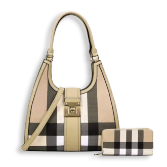 2pc Front Lock Plaid Satchel with Wallet