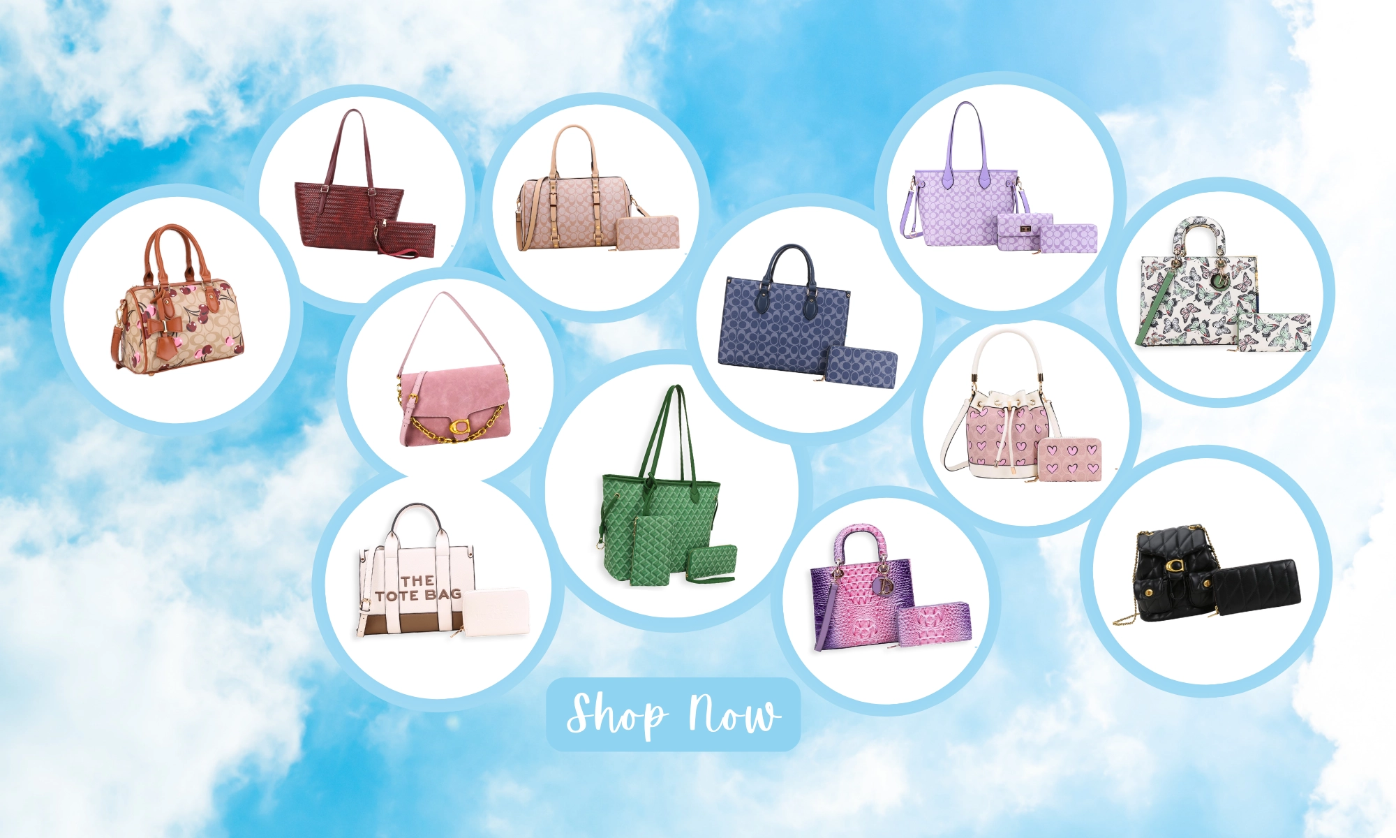 “Assorted designer-inspired handbags and matching wallets displayed in circular frames on a blue sky background