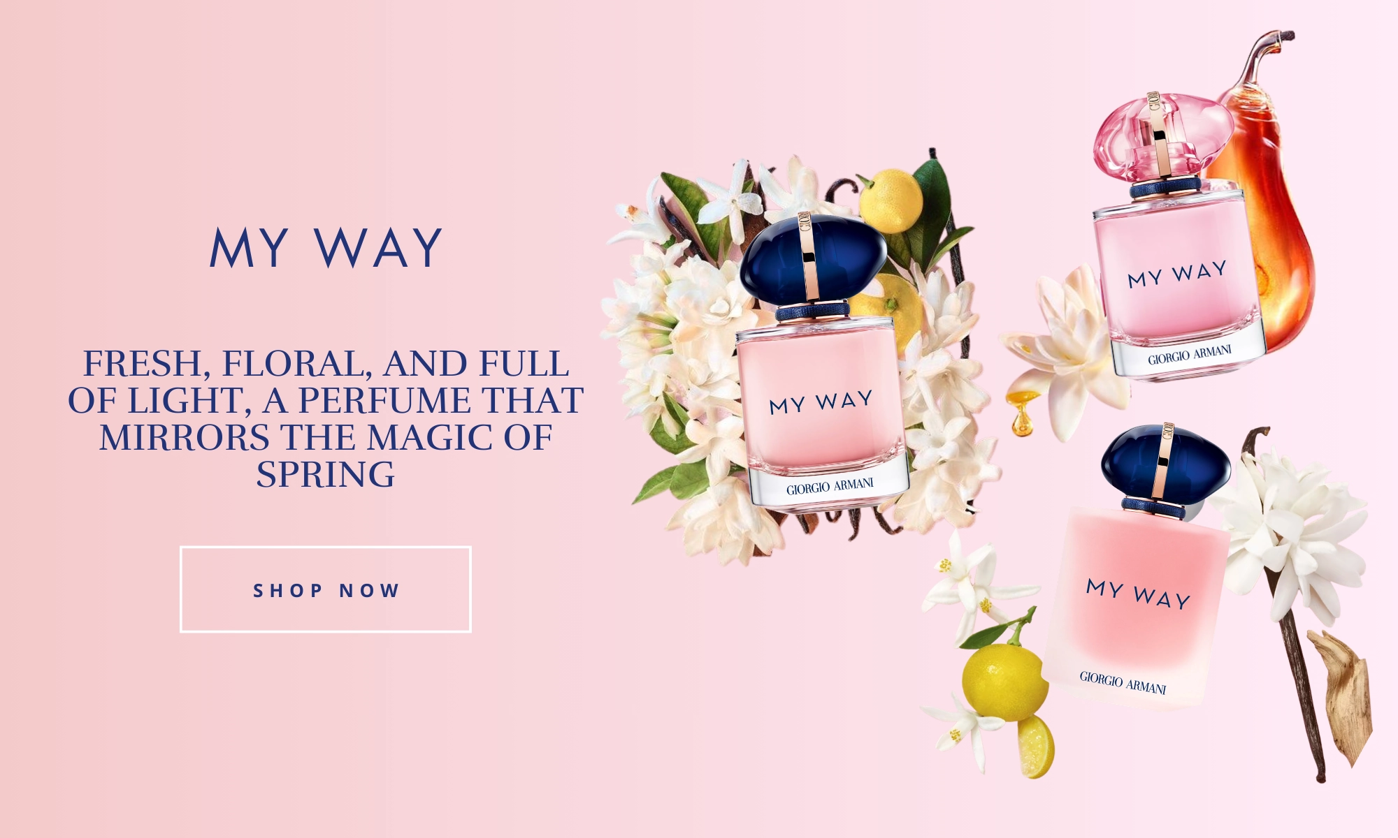 Giorgio Armani My Way perfume website banner with pink background, floral arrangement, citrus notes, and Shop Now button