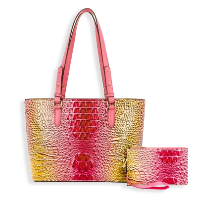 2pc 2 Tone Croc Tote with Pouch