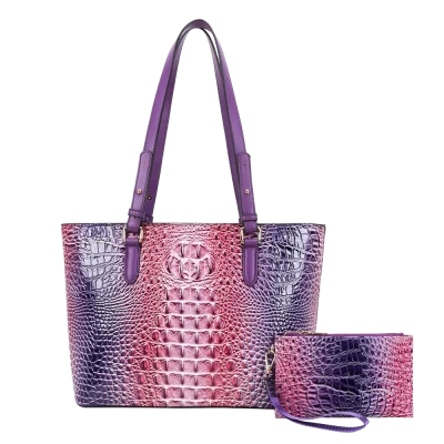 2pc 2 Tone Croc Tote with Pouchv