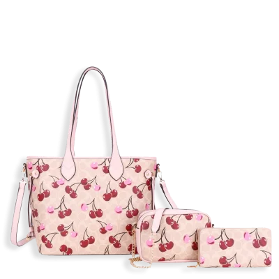 3pc Half Moon Cherry Tote with Wallet & Crossbody