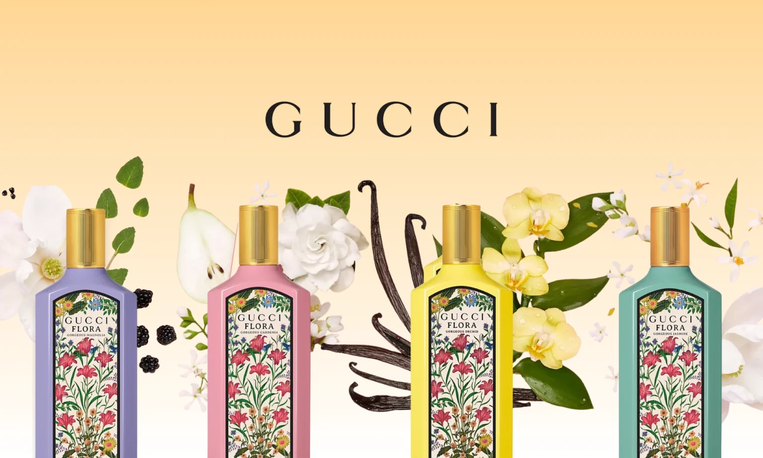 Gucci Flora fragrance collection featuring four pastel bottles—Magnolia, Gardenia, Orchid, and Jasmine—surrounded by flowers, fruit, and vanilla on a beige background