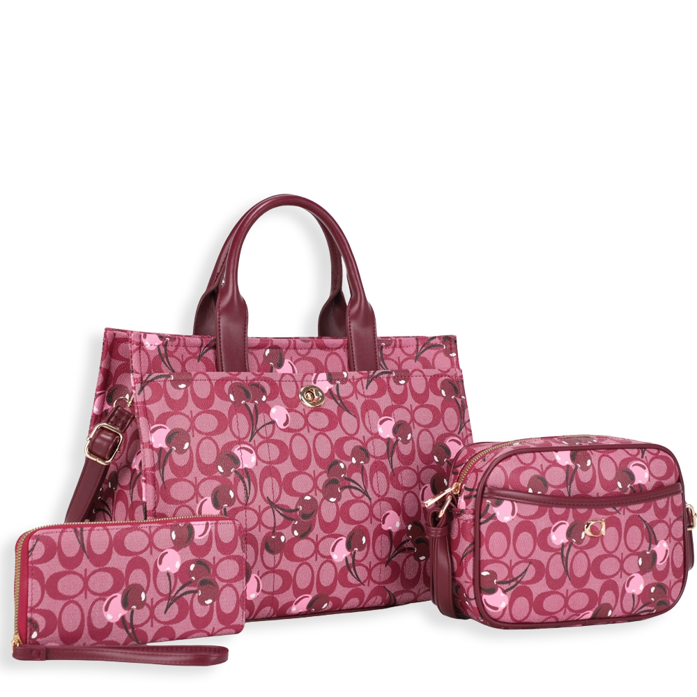 3pc Half Moon Cherry Tote with Wallet & Crossbody