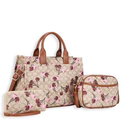 3pc Half Moon Cherry Tote with Wallet & Crossbody