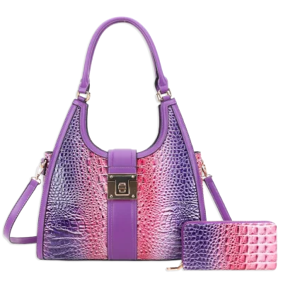 2pc 2 Tone Croc Front Lock Satchel with Wallet