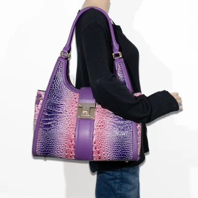 2pc 2 Tone Croc Front Lock Satchel with Wallet