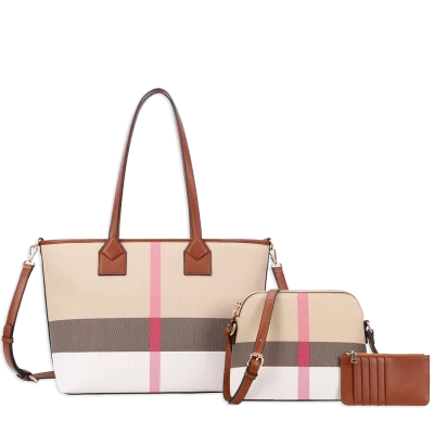 3pc Plaid Tote with Card Holder & Crossbody