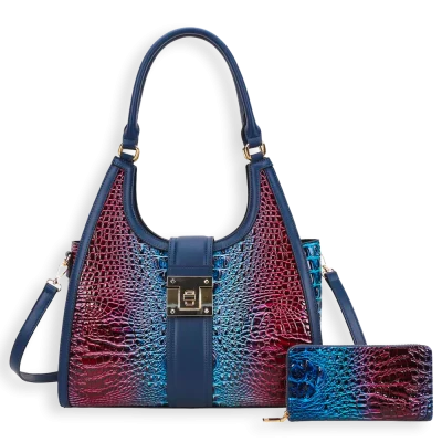 2pc 2 Tone Croc Front Lock with Wallet