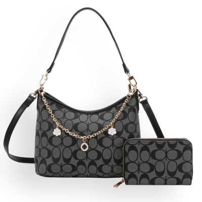 2pc Half Moon Shoulder-Crossbody with Wallet & Charm Chain
