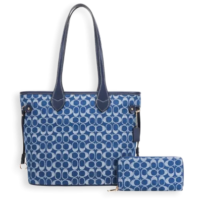 2pc Denim Half Moon Tote with Wallet