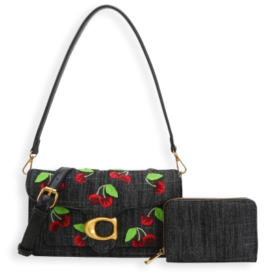 2pc Denim Half Moon Cherry Shoulder-Crossbody with Wallet