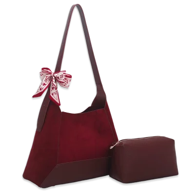 2pc Suede Shoulder Bag with Cosmetic Bag