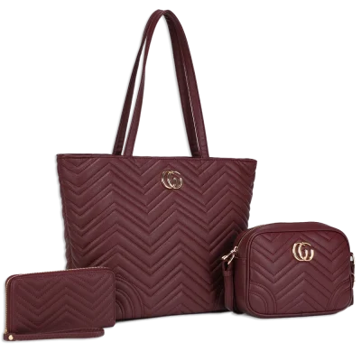 3pc Quilted Chevron Tote with Wallet & Crossbody