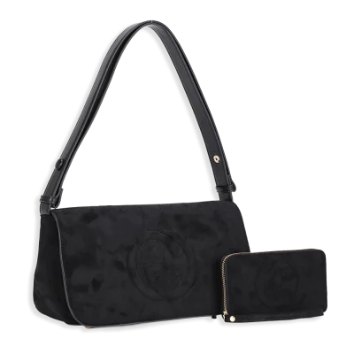 2pc Suede Front Flap Shoulder Bag with Wallet