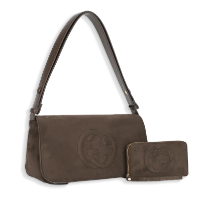 2pc Suede Front Flap Shoulder Bag with Wallet