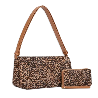 2pc Suede Front Flap Shoulder Bag with Wallet