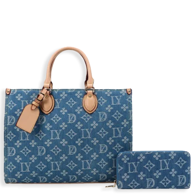 2pc Denim Spade Tote with Wallet