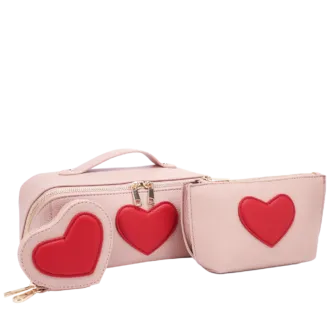 3pc Heart Cosmetic Bag with Small Bag & Coin Holder