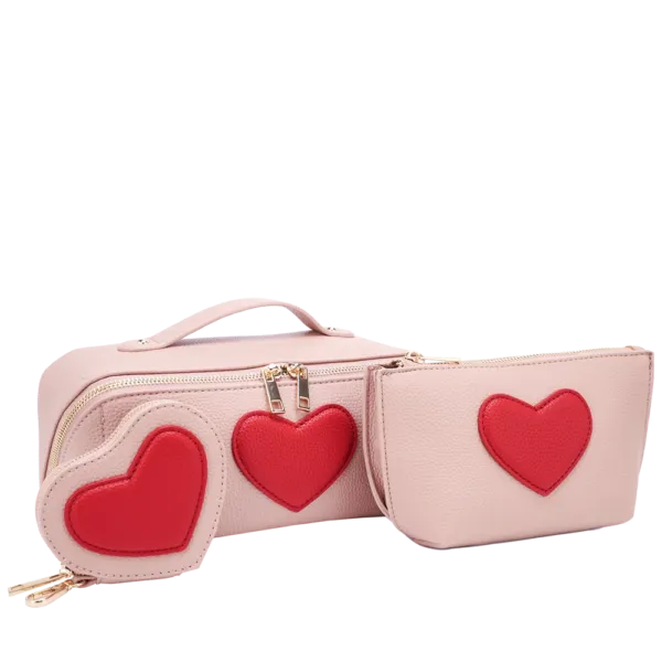 3pc Heart Cosmetic Bag with Small Bag & Coin Holder
