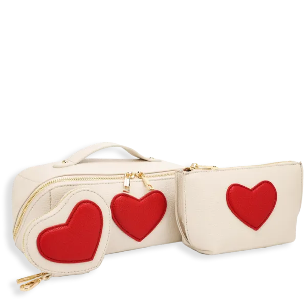 3pc Heart Cosmetic Bag with Small Bag & Coin Holder
