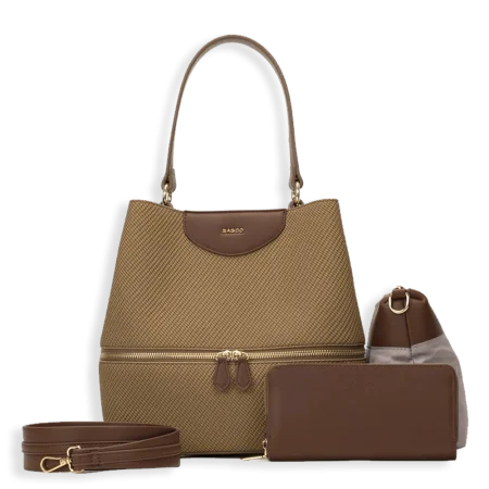 3pc Canvas Bucket with Wallet & Makeup Bag