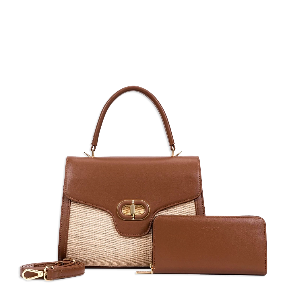 2pc 2 Tone Twist Lock Satchel with Wallet